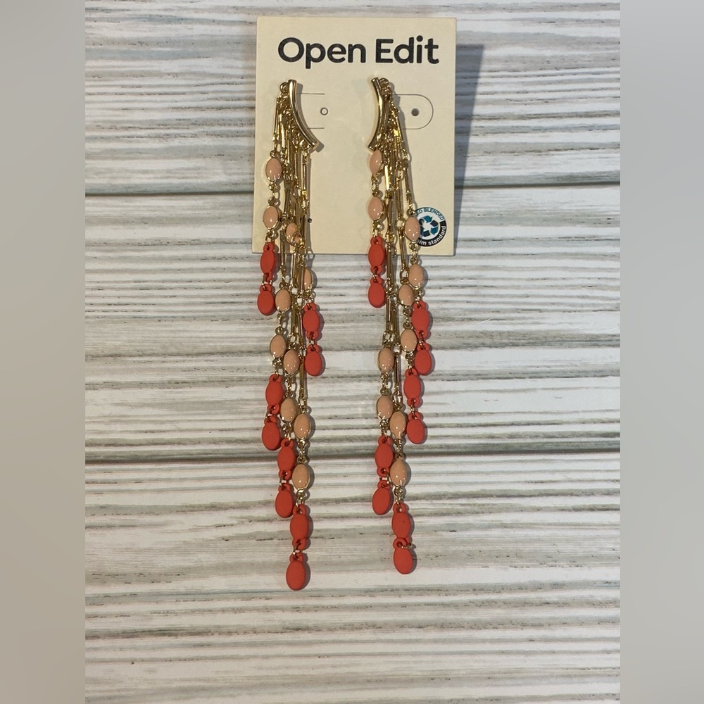 Open Edit Beaded Chain Drop Coral Pink Blush Beaded 5" Earrings Nordstrom $25